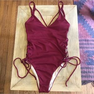 LA Hearts Burgundy Ribbed One Piece Swimsuit